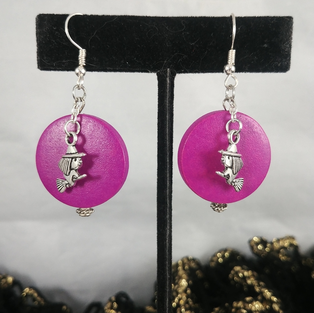 Halloween earrings Witch flying across the moon